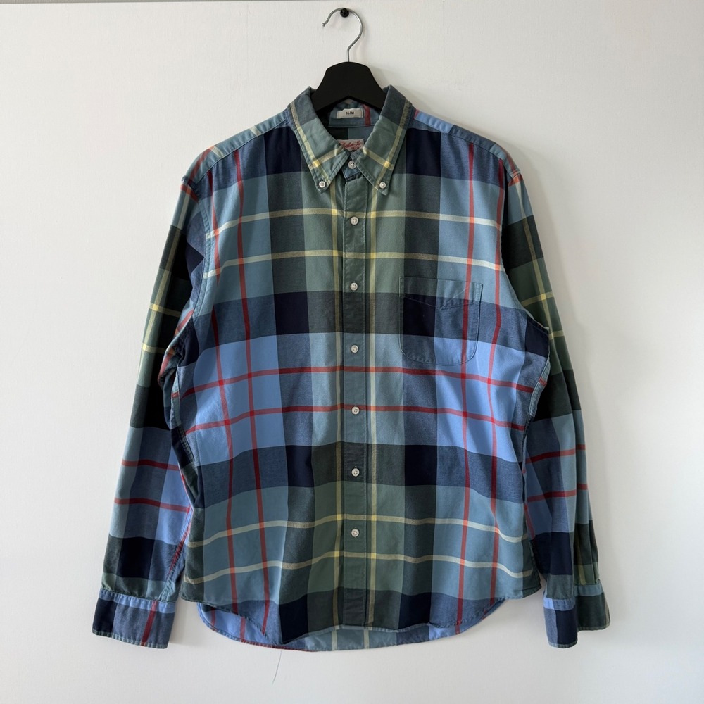 J.Crew Mens Broken-In Oxford Slim Fit Plaid Button Down Shirt Blue Green BG421 L